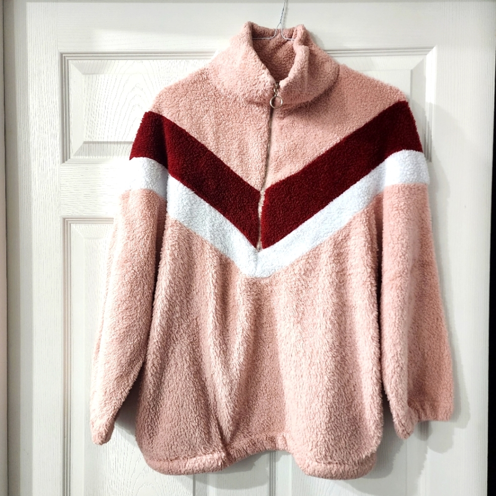 Retro Teddy Bear Colorblock Half Zip Fleece Jacket